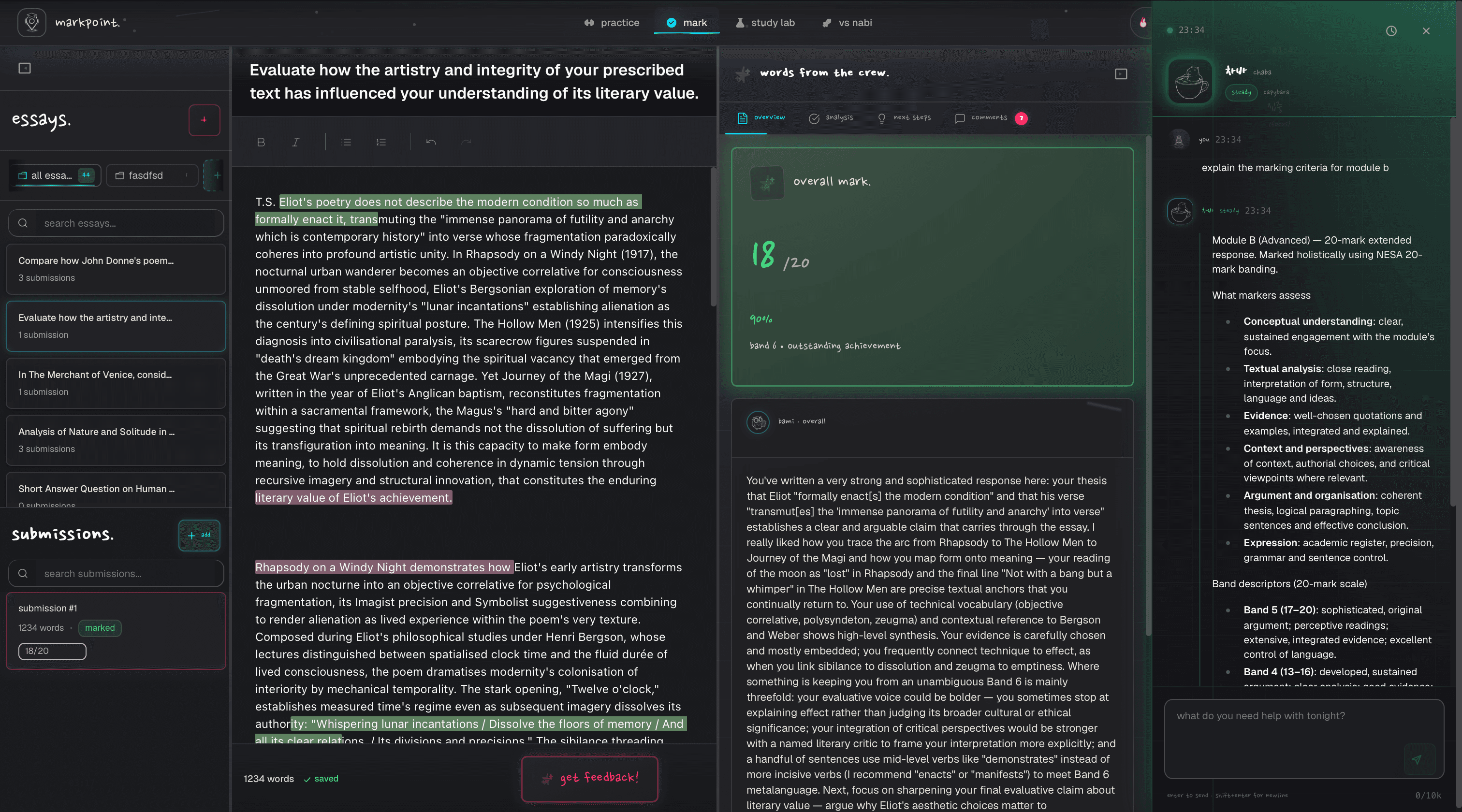 Chaba marking interface — essay with inline feedback and 18/20 score