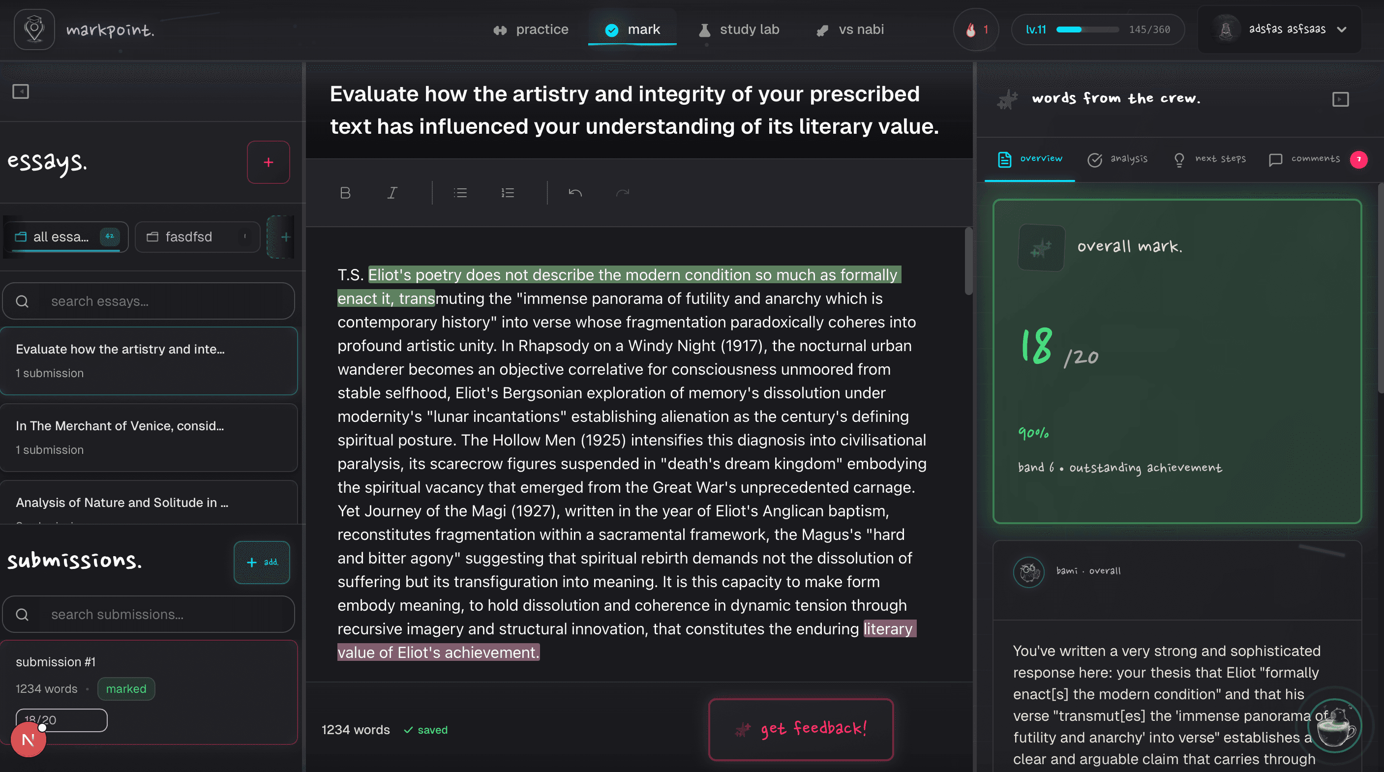 Chaba marking interface — essay with inline feedback and 18/20 score